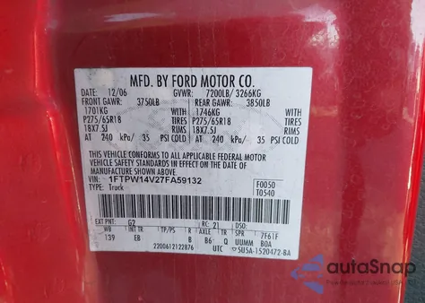 2007 Ford F-150 Fx4/Lariat/Xlt z USA, uszkodzony, nr VIN 1FTPW14V27FA59132